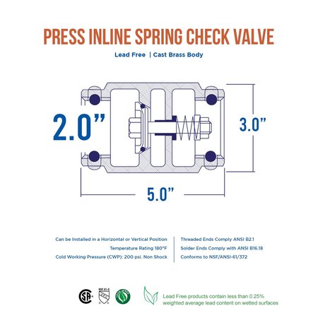 Everflow Press Inline Spring Loaded Check Valve, Cast Brass 2" 150R200-NL